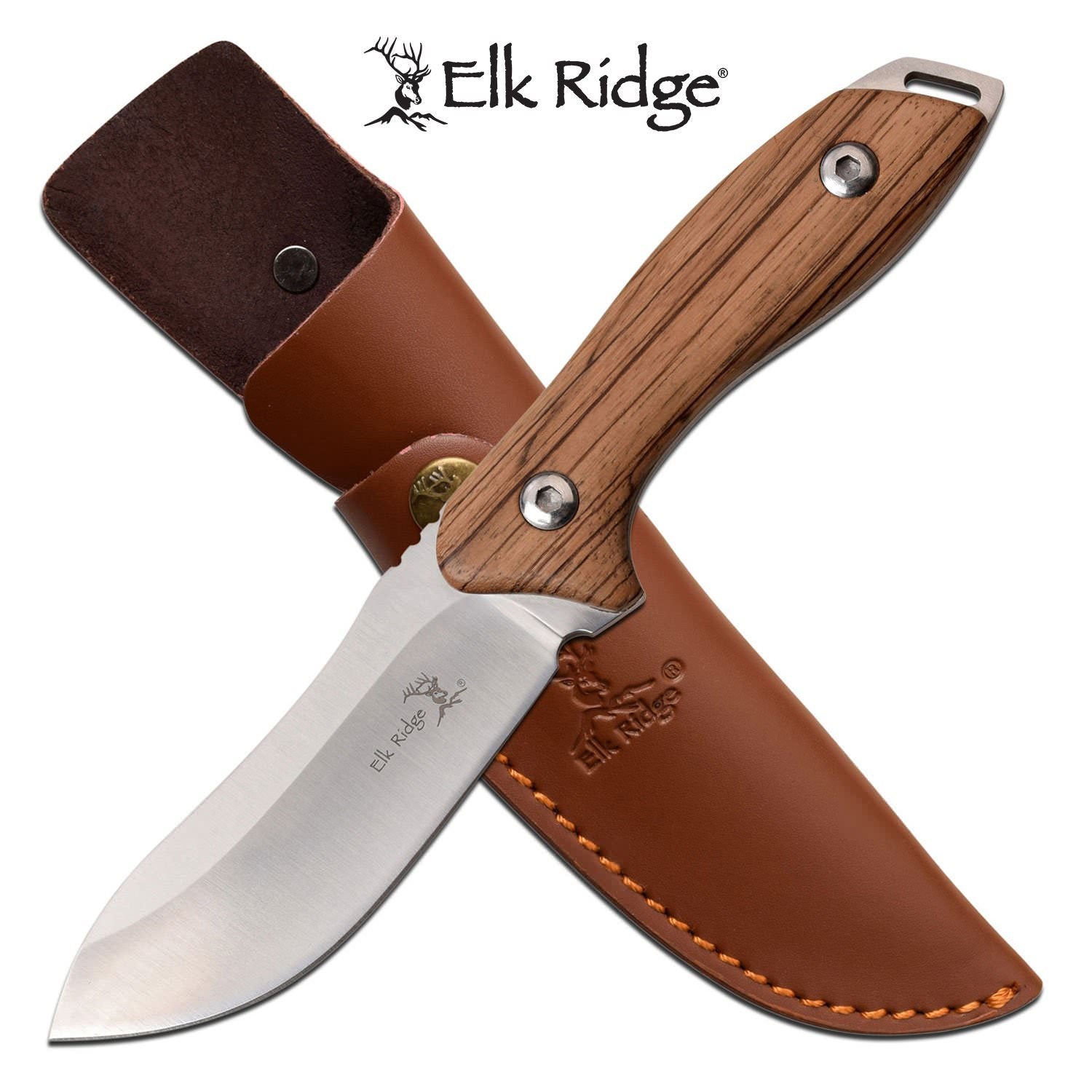 Hunting Knife 4" Blade Full Tang Zebra Wood Skinner + Leather Sheath - Tophatter's Army Products & Self Defense Collectible Weapons - Tophatter Daily Deals